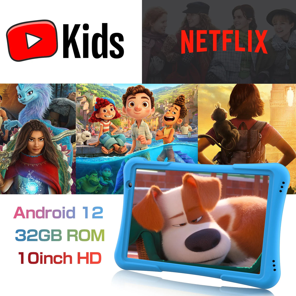 Tablette enfant PRITOM 10 pouces Android 12, 32 Go, Quad-Core, 6000 mAh, grand écran IPS HD, WiFi 6, double caméra, Bluetooth,