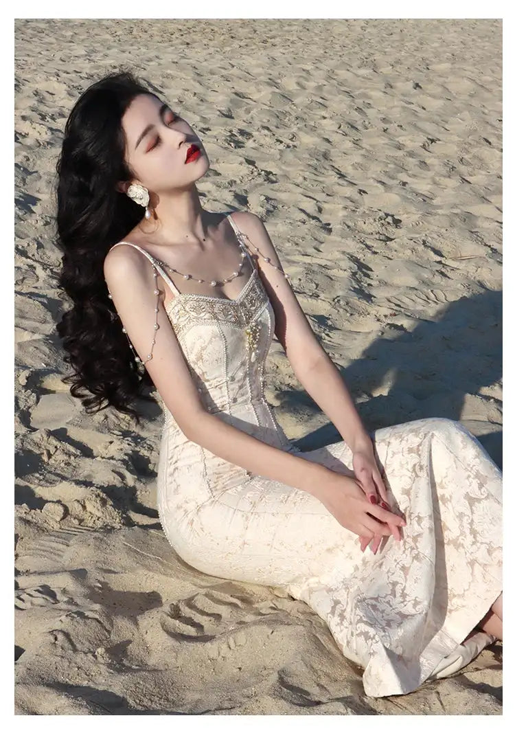 Summer Women Gorgeous Party Mermaid Prom Dress Spaghetti Strap Pearl Beading Ruffles Dress Feminine Backless Trumpet Long Dress - Lootquake