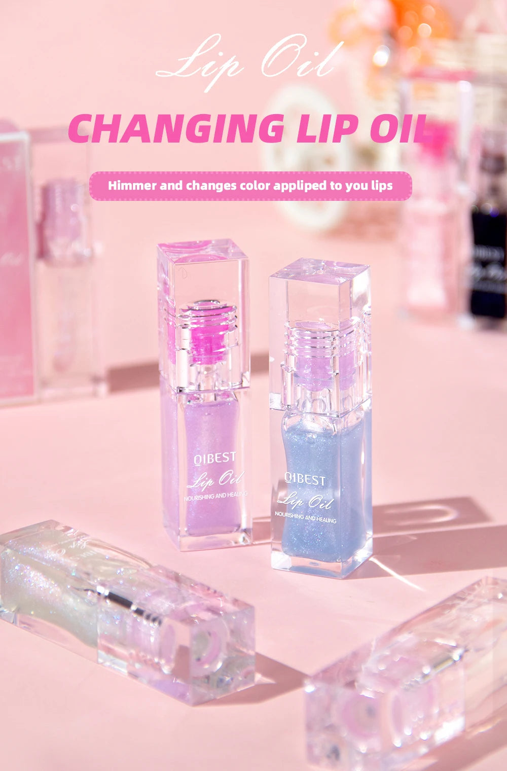 QIBEST - Bálsamo labial mágico con cambio de color cálido, brillo labial transparente, hidratante, brillo labial brillante, cosméticos para labios