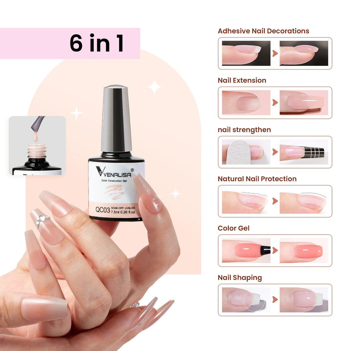 VENALISA - Gel de construcción rápida de 7,5 ml, semitransparente, gel fortalecedor para uñas, secado rápido, UV LED, color nude, rosa