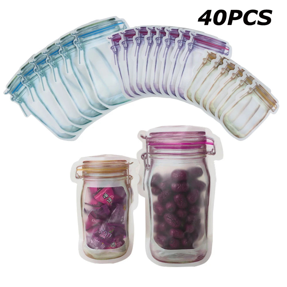 20/40Pcs Reusable Mason Jar Bottles Bags Nuts Candy Cookies Bag Sealed Plastic Bags Home Storage Supply 3 Size Zip Lock Bags New