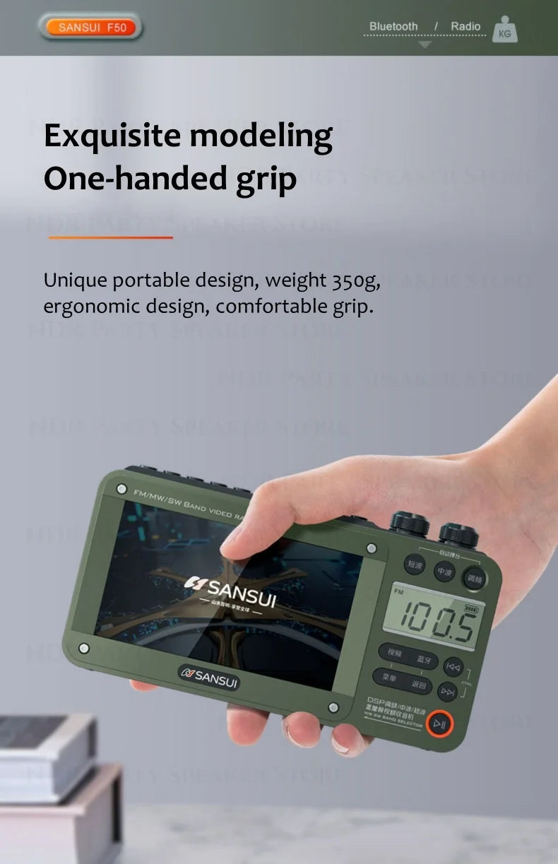 Enceintes Bluetooth sans fil SANSUI, radio pleine bande, lecteur vidéo LED HD, baladeur MP4 portable, batterie rechargeable intégrée