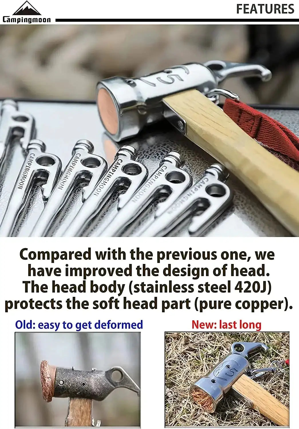 Campingmoon 1PCS Outdoor Multi-purpose Stainless Steel Copper Head Nail Puller Camping Hammer Fixed Tent Nail With Safety Rope - Lootquake