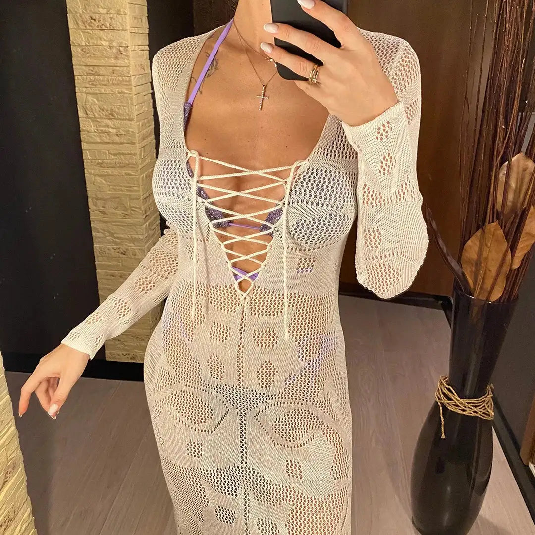 Deep V Dress Lace Up Long Sleeve Women Split Maxi Dress Crochet Knitted Tunic Mesh Sheer Sexy Bodycon Long Dress Vestido V4146B - Lootquake