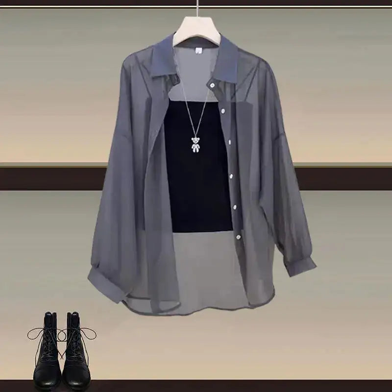 Summer Set Women's 2024 New Style Wear Sunscreen Chiffon Shirt with Slimming Slimming Suit Pants Three Piece Set - Lootquake