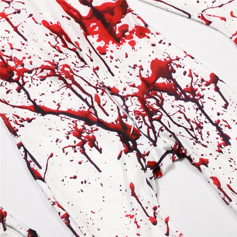 Kids Halloween Horror Costume Blood Red Jumpsuit with Scary Mask Spooky Role Play Party Outfit for Carnival Celebration