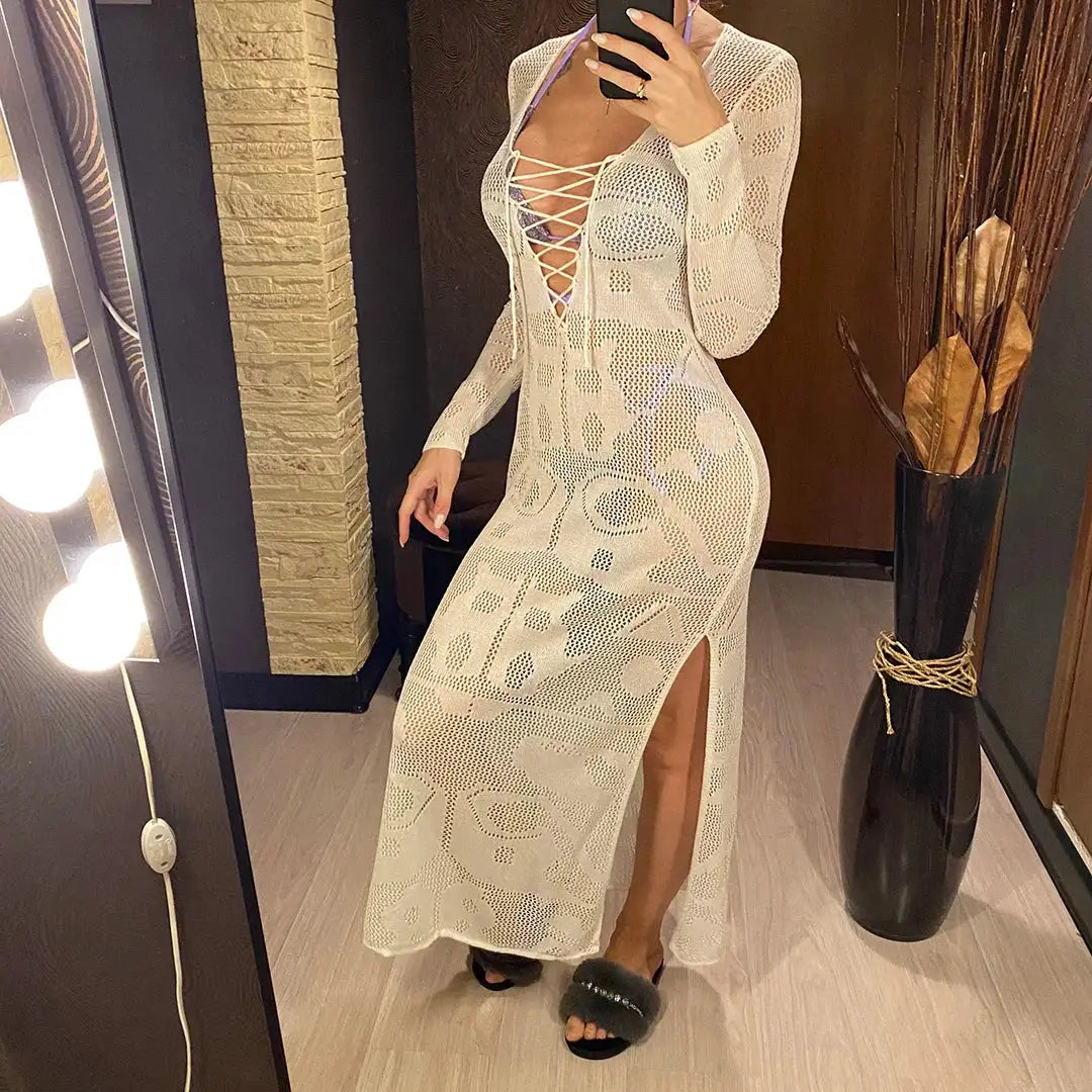 Deep V Dress Lace Up Long Sleeve Women Split Maxi Dress Crochet Knitted Tunic Mesh Sheer Sexy Bodycon Long Dress Vestido V4146B - Lootquake