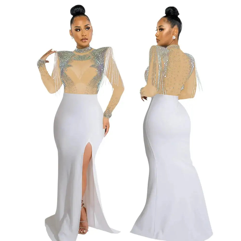 CM.YAYA Women Mesh See Through Long Sleeve Diamonds Hot Rhinestones Mermaid Long Dress Fall Evening Sexy Party Dresses Vestidos - Lootquake