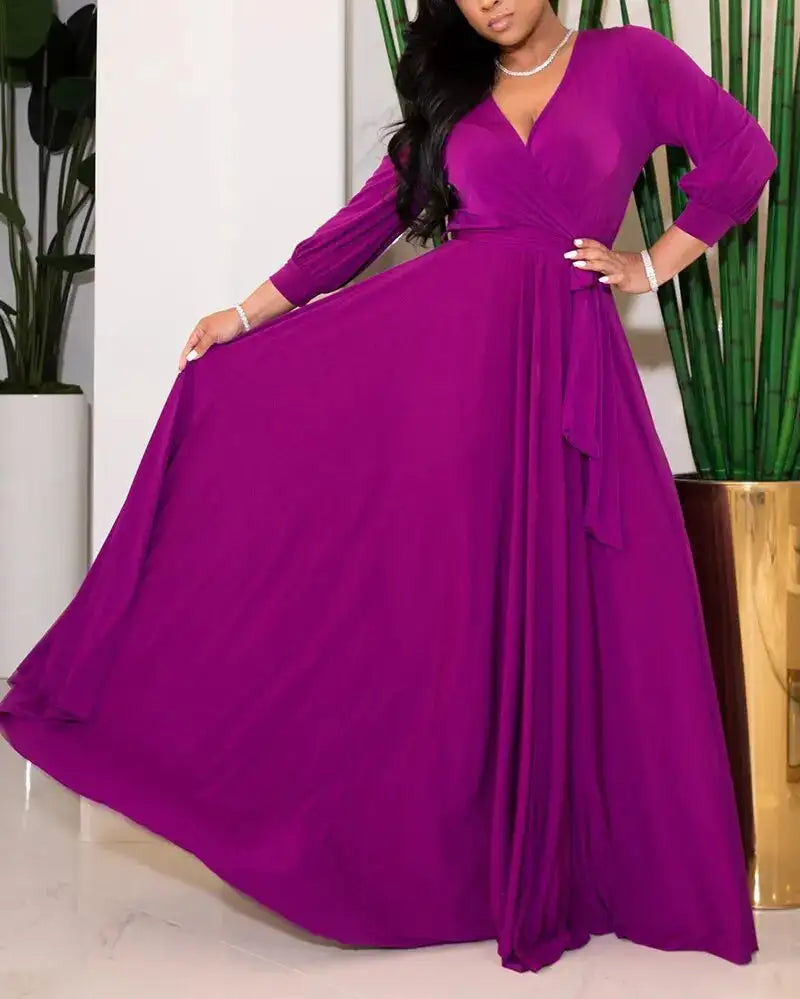 CM.YAYA Elegant Women Wraped V-neck Long Sleeve with Sashes Maxi Long Dress Chic INS Sexy Party Prom Big Swing Pink Dresses - Lootquake