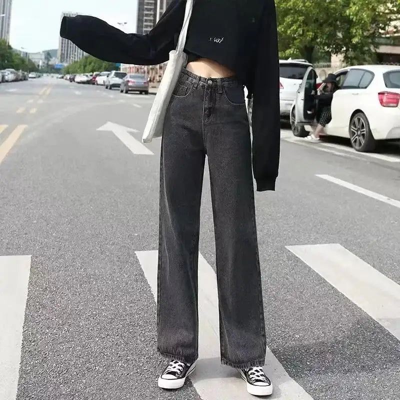 High-waisted Slimming Loose-fit Women's Jeans Stylish Trendy Draped Straight-leg Bell Bottoms Denim - Lootquake