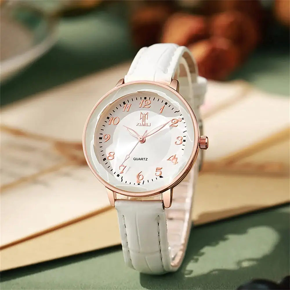 Women's Watch Simple Arabic Numerals Quartz Watch Fashionable Pink Leather Lady Business Clock Wristwatch - Lootquake