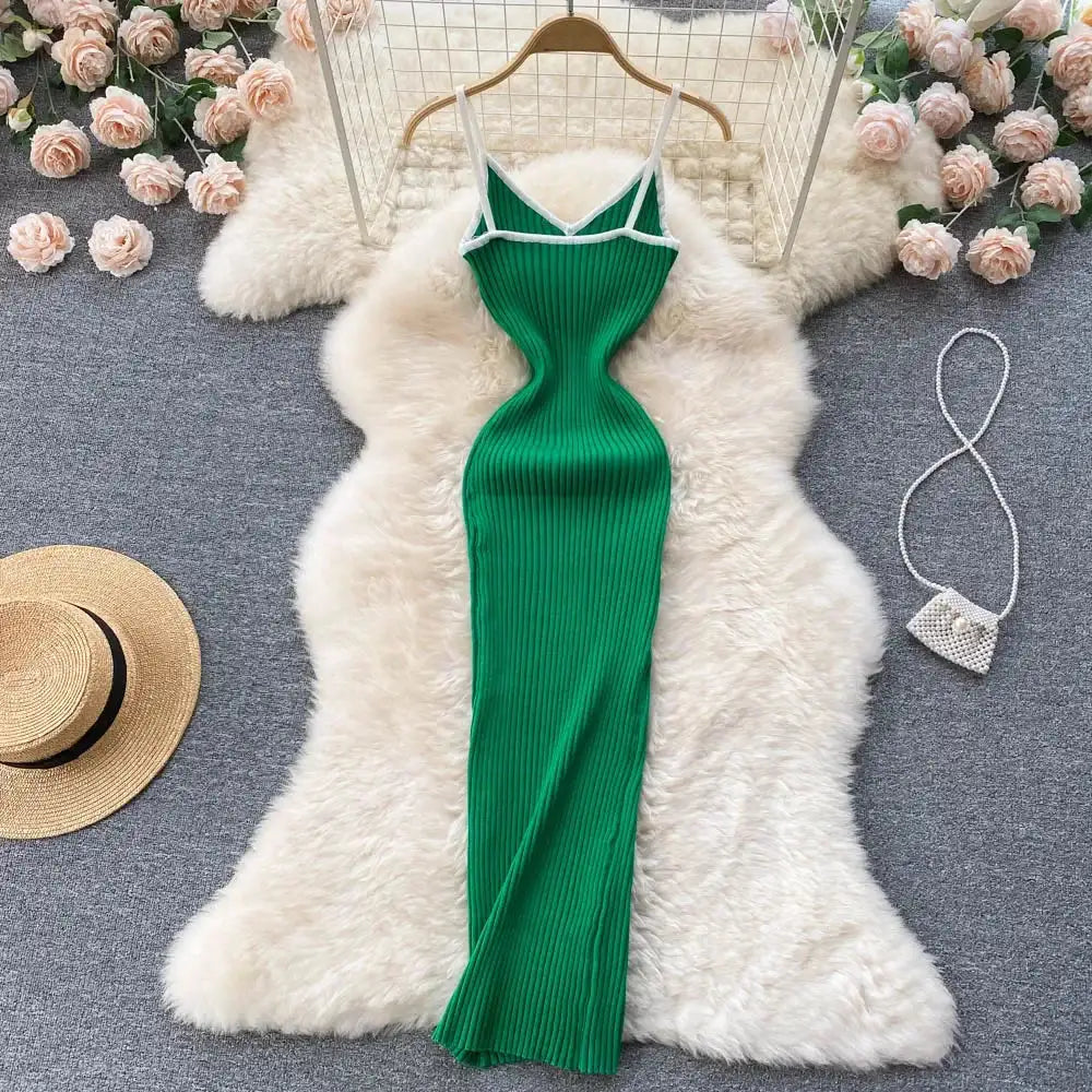 Summer V Neck Knit Sexy Strap Dress Women Elatic Waist Bodycon Sundress Female Beach Backless Maxi Long Dress - Lootquake