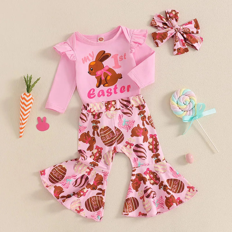 0-18M Infant Baby Girls Easter Outfits Long Sleeve Romper with Bunny Pattern Flare Pants and Headband 3 Pcs Set for Newborn - Lootquake