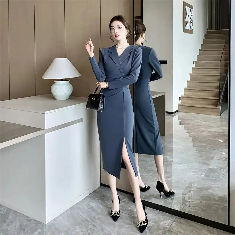 Women Pink Pleated Bodycon Formal Long Dress Autumn Winter Long Sleeve Chic Suit Dress 2025 Korean Fashion Elegant Party Dresses - Lootquake