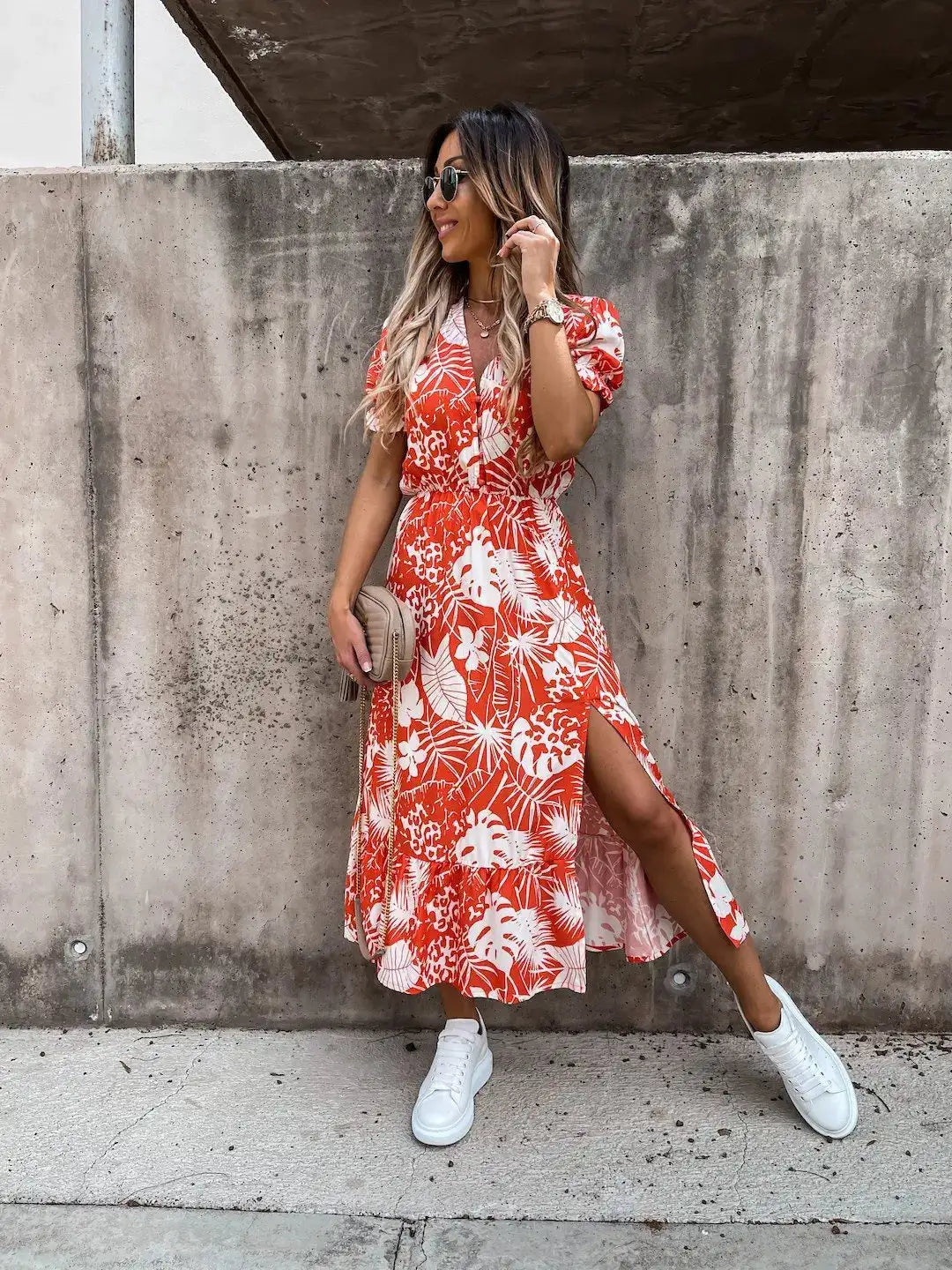 Summer Floral Print Dress Women V Neck Side Slit Long Dress Elegant Short Sleeve Button Slim Spring Female Party Dress Vestidos - Lootquake