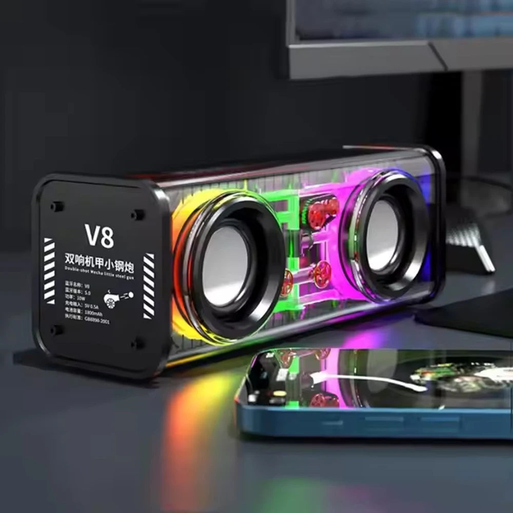 Altavoces duales Bluetooth 5.0 inalámbricos RGB1800mAh Altavoces mecánicos transparentes Efecto de luz Altavoz Subwoofer de graves Mini altavoz
