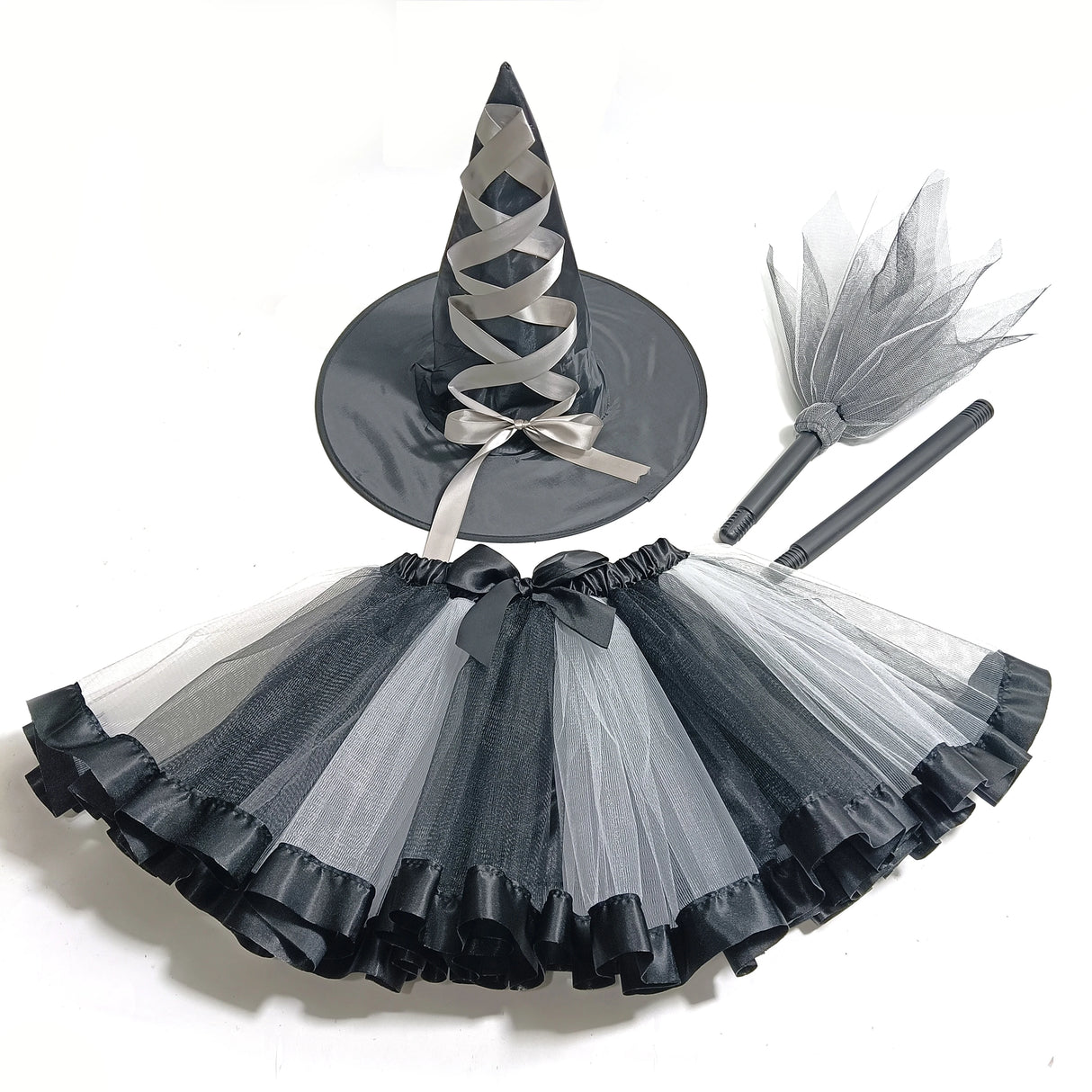Girl's Halloween Witch Costume Set for Cosplay Parties Includes Breathable Soft Lining Skirt Broom Hat for Children