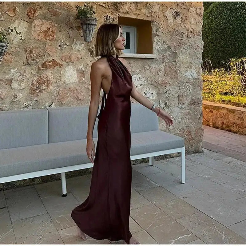 Off Shoulder Satin Halter Long Dress Woman Sexy Hanging Neck Female Pleated Dresses Summer Backless Midi Evening Party 2024 New - Lootquake