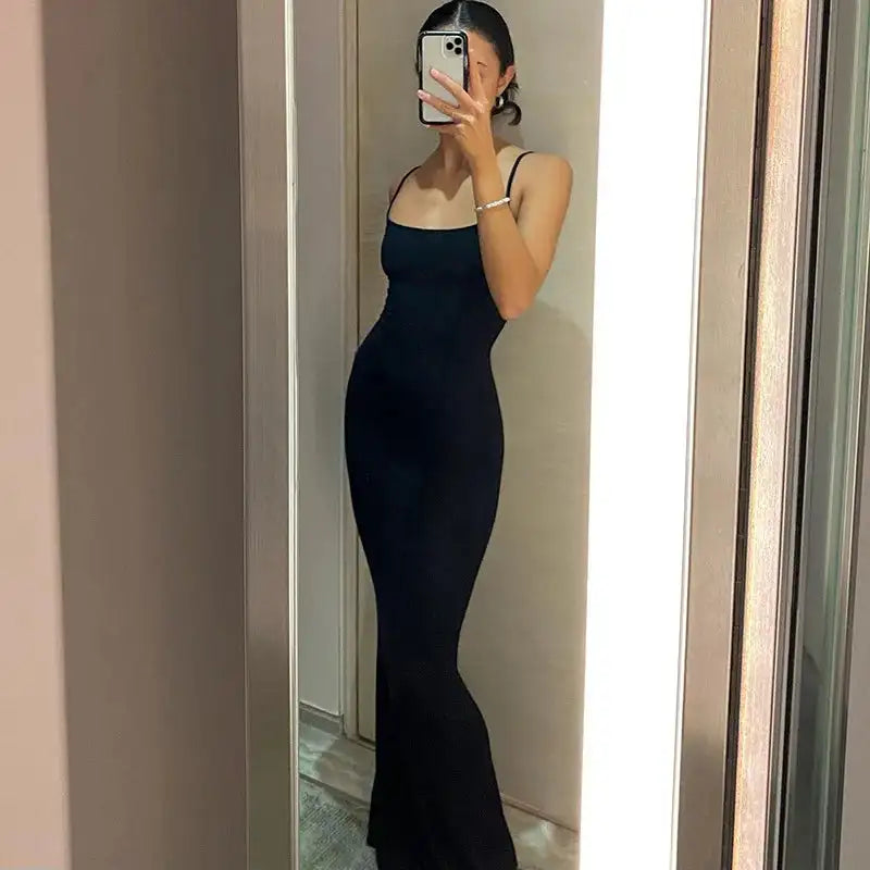 Dresses For Women 2023 Sexy Spaghetti Strap Black Long Dress Evening Y2k Sleeveless Solid Skinny Bodycon Maxi Vestidos - Lootquake