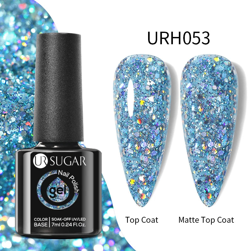 UR SUGAR Esmalte de uñas en gel con base de goma, color azul, dorado, con brillo, capa superior, esmalte de uñas en gel UV LED, para manicura