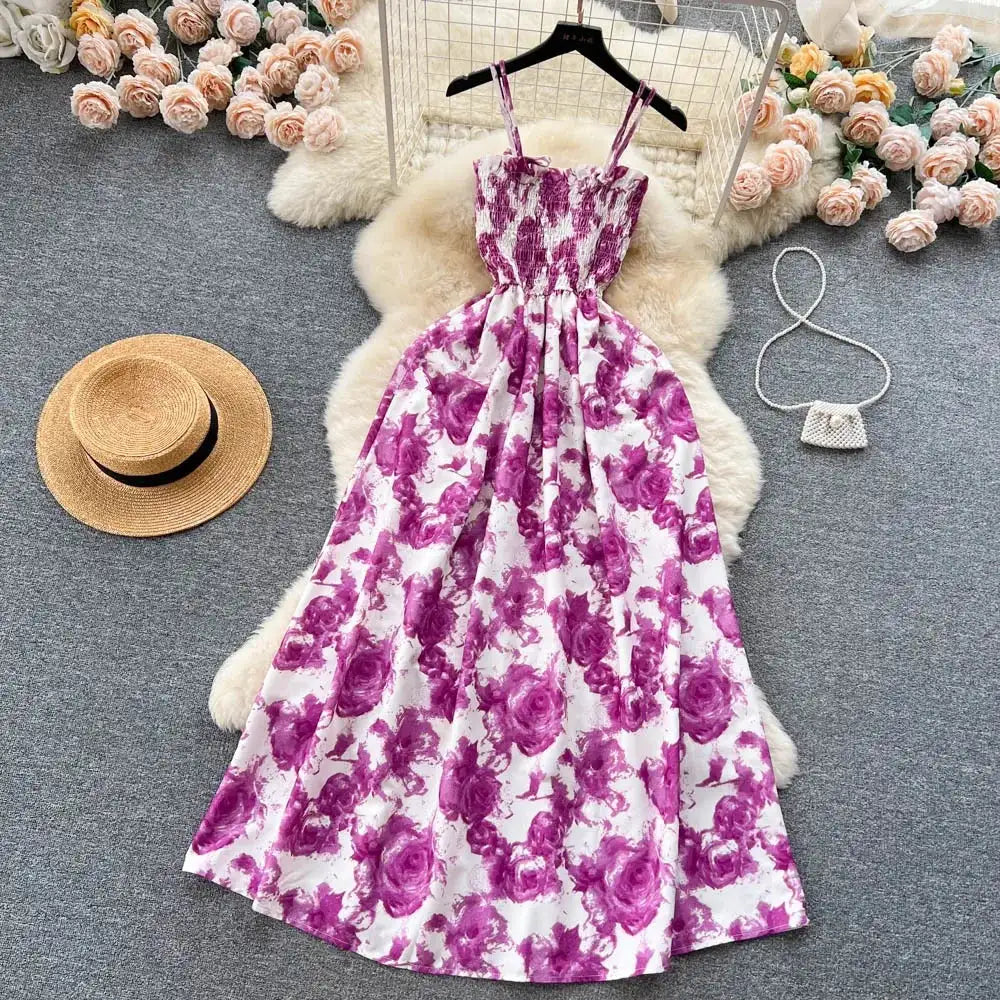 YuooMuoo Korean Fashion Rose Flower Print Romantic Retro Party Dress Summer Elastic High Waist Vacation Long Dress Beach Vestido - Lootquake