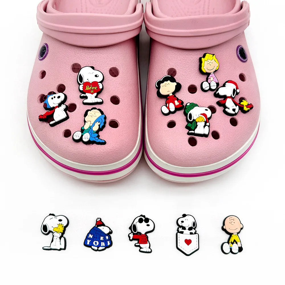 1-12pcs MINISO Snoopy Cartoon Shoe Charms Accessories Classic Clog Sandal Garden Shoe Decoration Wristbands Buckle Kids Gifts