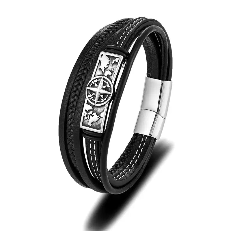 MKENDN Viking Style Compass Norse Runes Amulet Men MultiLayer Leather Stainless Steel Bracelet Norse Mythology Jewelry - Lootquake