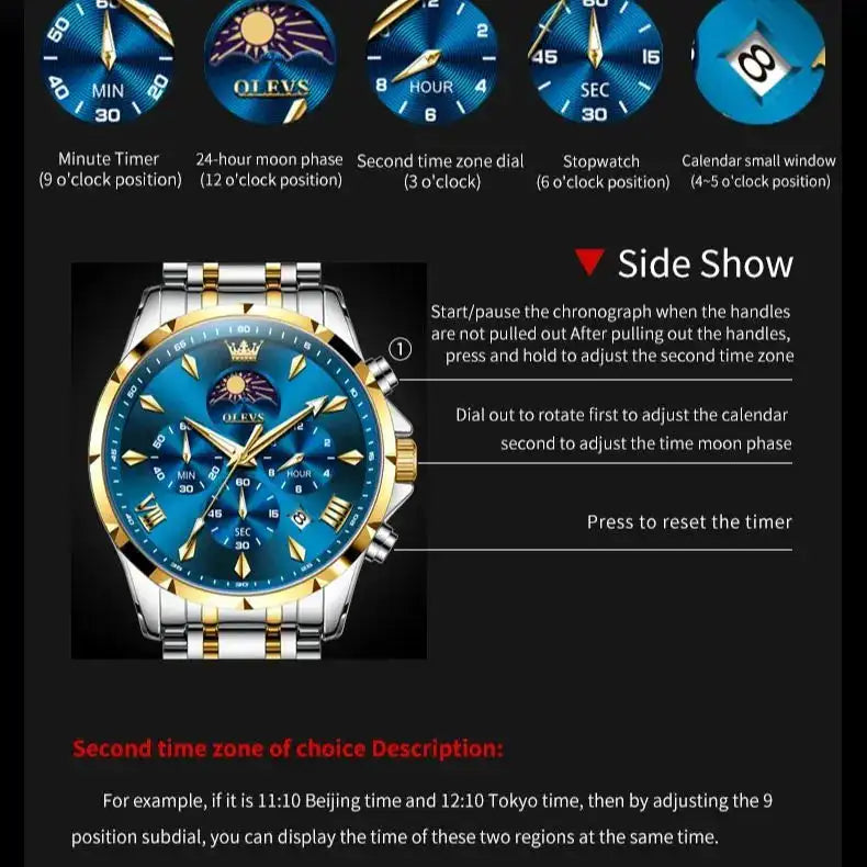 OLEVS 3653 Men Watch Luxury Brand Quartz Watch Multi functional Automatic Date Timer Watch Waterproof Luminous Moonphase Watch - Lootquake