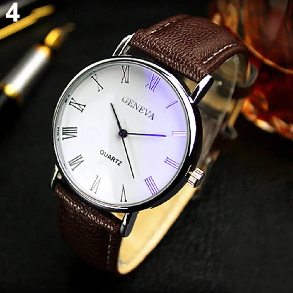 Men Watch Roman Numerals Blu-Ray Faux Leather Band Quartz Analog Business WristWatch 2022 - Lootquake