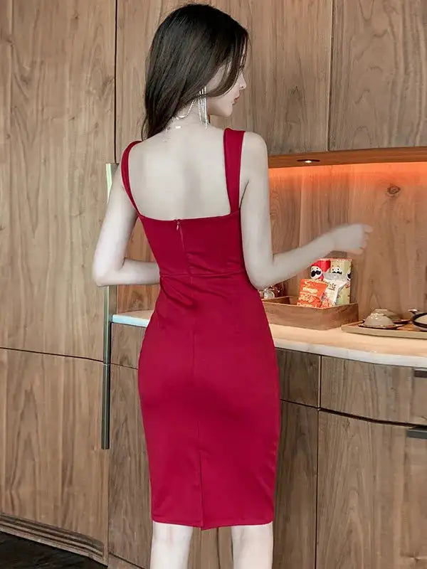 Sweet Fashion Slash Neck Long Dress Sexy Office Lady Straps Slim Medium Dress Elegant Women 2023 New Sweet Spice Girls 4CWT - Lootquake