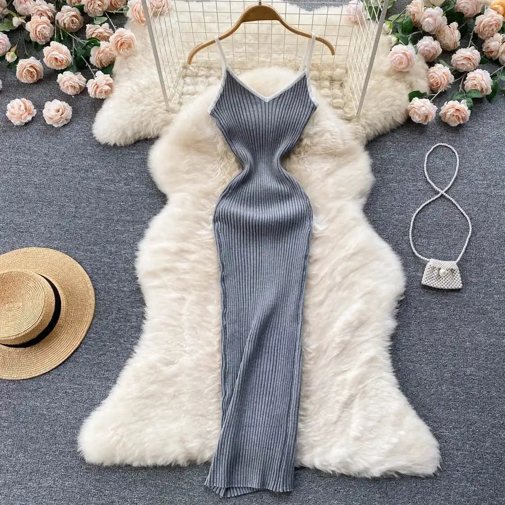 Summer V Neck Knit Sexy Strap Dress Women Elatic Waist Bodycon Sundress Female Beach Backless Maxi Long Dress - Lootquake
