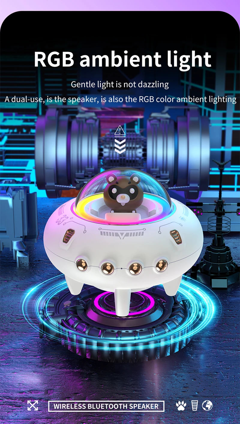 Mini haut-parleur portable Bluetooth avec éclairage LED RGB, design OVNI, vaisseau spatial, haut-parleur sans fil, idéal comme cadeau, compatible TF