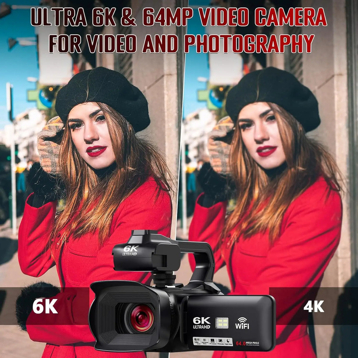 Videocámara de YouTube de 64 MP Cámara Ultra HD de 6K Videocámaras Cámara de transmisión con enfoque automático y zoom de 18X Cámara de video digital con pantalla táctil de 4.0"