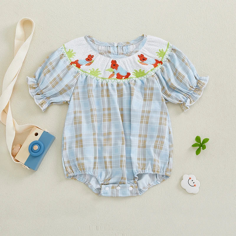 Adorable Infant Easter Jumpsuit with Sweet Bunny Embroidery and Smocked Detailing - Stylish Short Sleeve Baby Girl Outfit for - Lootquake