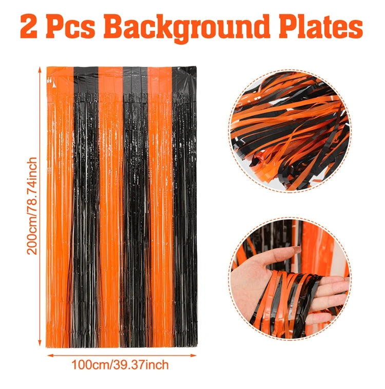 Rideau de pluie en soie avec pompons métalliques, décoration d'Halloween, noir et rouge, orange, 1 x 2 m