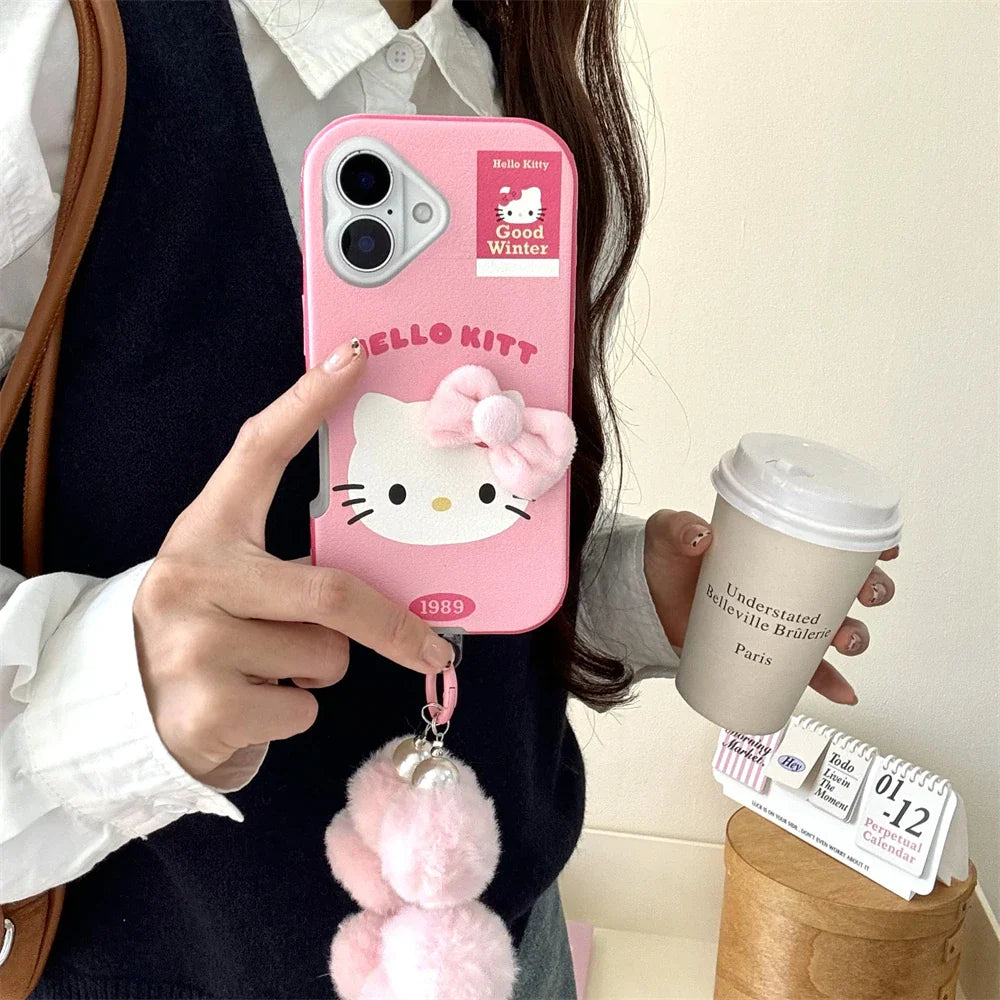 Funda de cuero para teléfono de Hello Kitty con lazo rosa de lujo