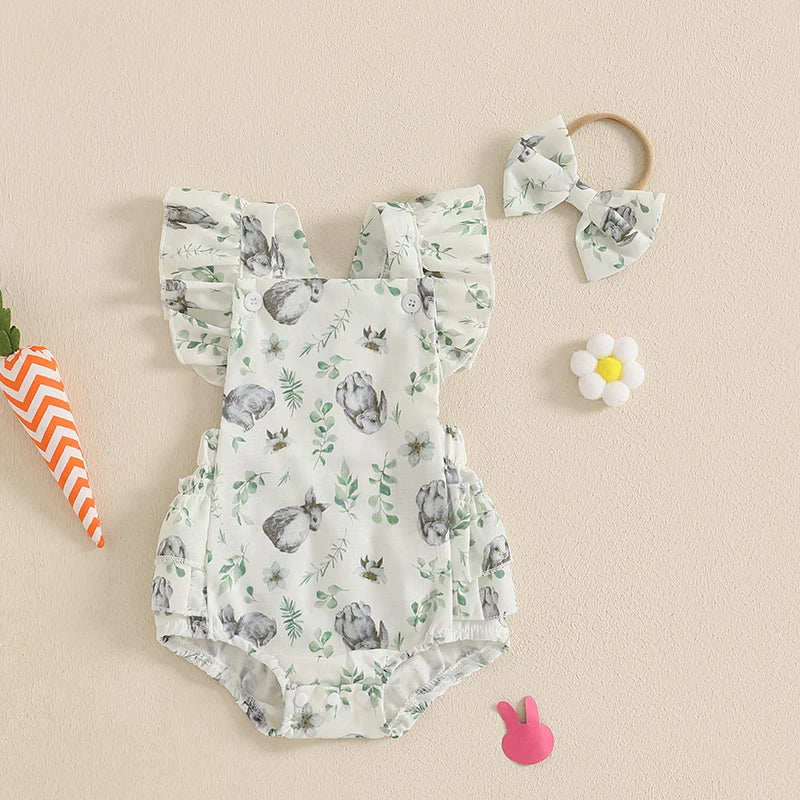 Toddler Girls 3Pcs Spring Outfits Floral Ruffle Sleeveless Romper Shorts Headband Set Baby Clothes Easter Costume - Lootquake