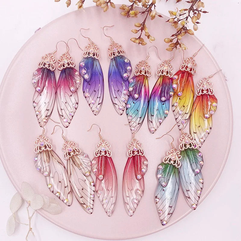 New Handmade Fairy Simulation Wing Earrings Insect Butterfly Wing Drop Earrings Foil Rhinestone Earrings Romantic Bridal Jewelry - Lootquake