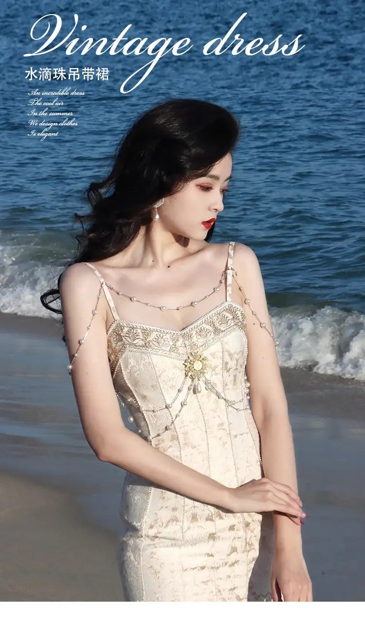 Summer Women Gorgeous Party Mermaid Prom Dress Spaghetti Strap Pearl Beading Ruffles Dress Feminine Backless Trumpet Long Dress - Lootquake