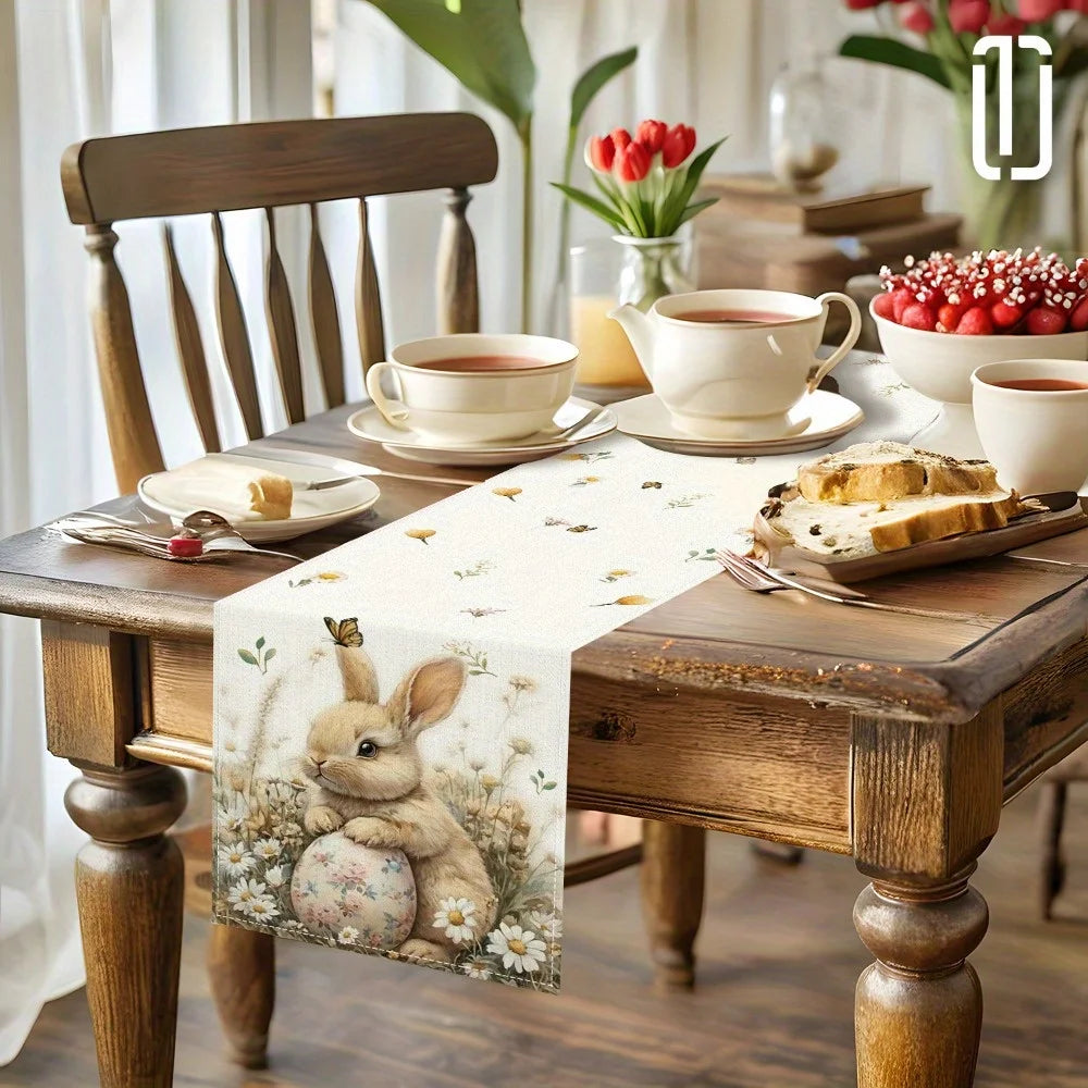 1pc Easter Bunny and Floral Egg Table Runner for Spring Holiday Home Decor, Easter Celebration Tablecloth Gift Idea - Lootquake