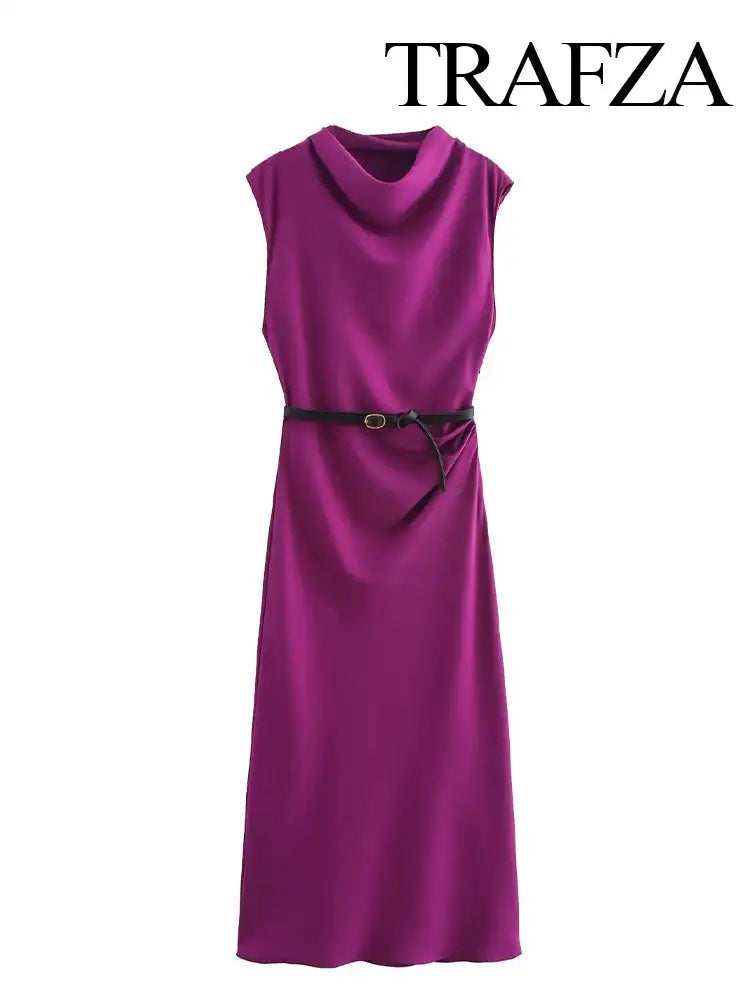 TRAFZA Women's Autumn New Fashion Versatile Belted Midi Slim Long Dress Female Elegant High Street Sleeveless Casual Dress Mujer - Lootquake