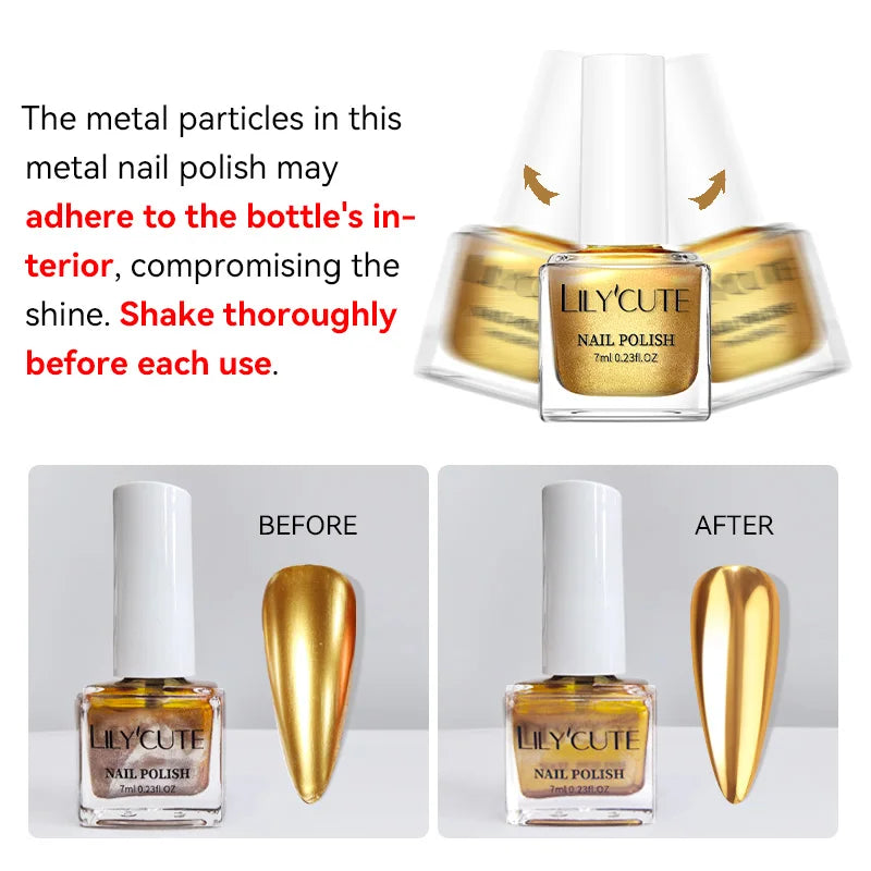 LILYCUTE 7ML Super Bright Gold Metallic Nail Polish No Need Lamp Quick Dry French Style Glass Bottle Manicure Nail Art Varnish