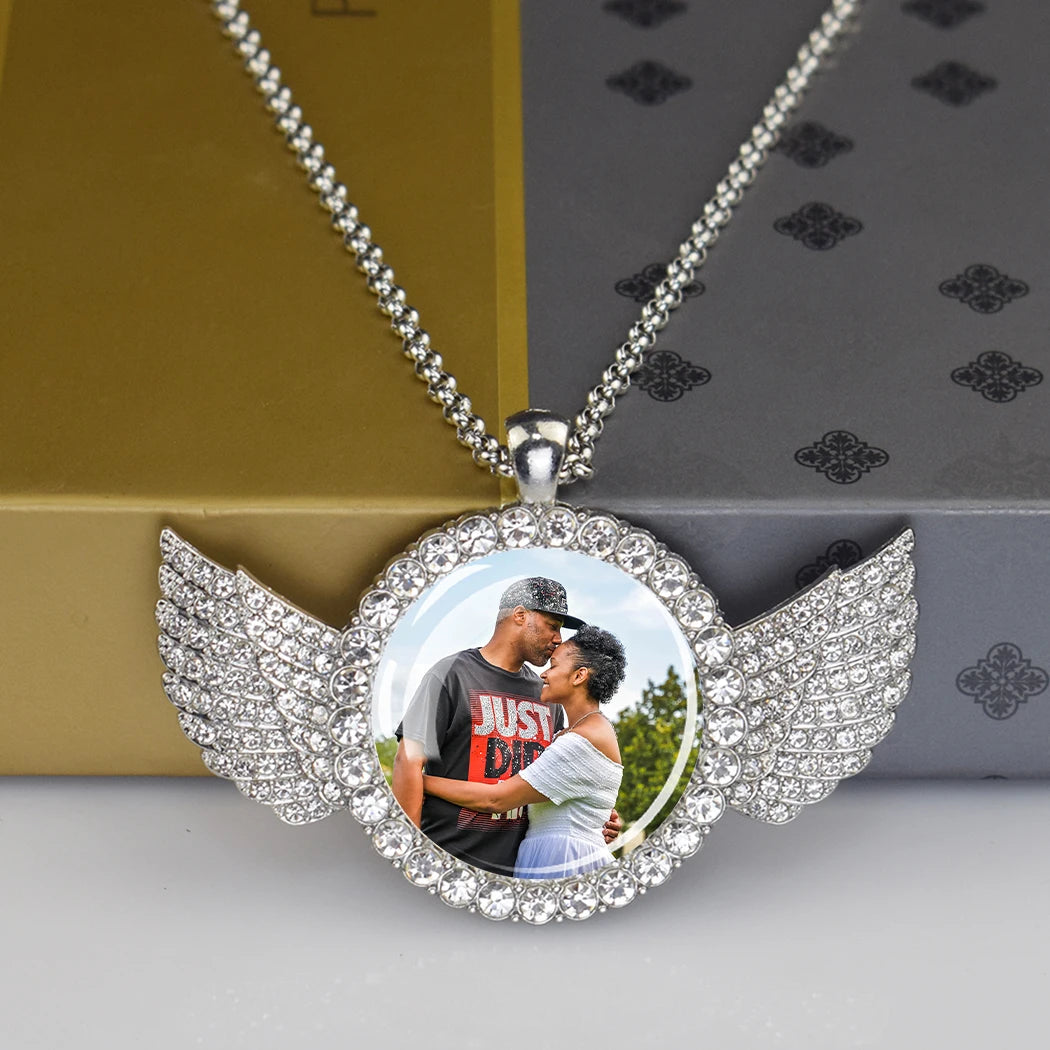 Custom Necklace Personalized Photo Picture Angel Wings Rhinestone Pendant Chains Necklaces Creative Fashion Hip Hop Jewelry Gift - Lootquake