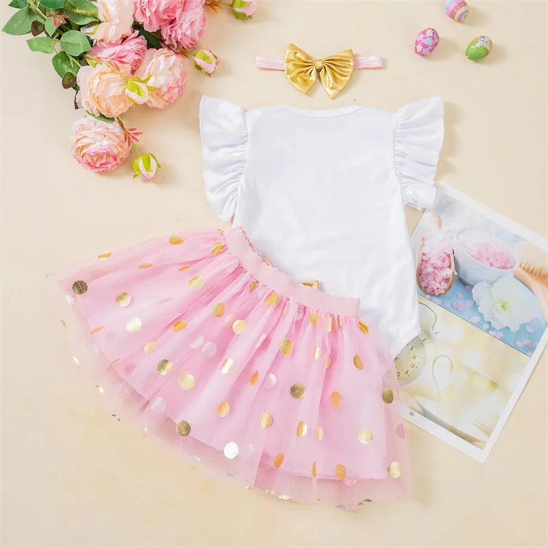 Toddler Girls Spring Floral Print Ruffle Sleeve Romper with Matching Bow Headband and Tulle Skirt - Easter Outfit - Lootquake