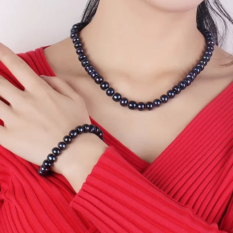 Women Natural Black Freshwater Pearl Jewelry Sets,925 Sterling Silver Necklace&Bracelet,9-10mm Beads Jewelry,Life Tree Buckle - Lootquake