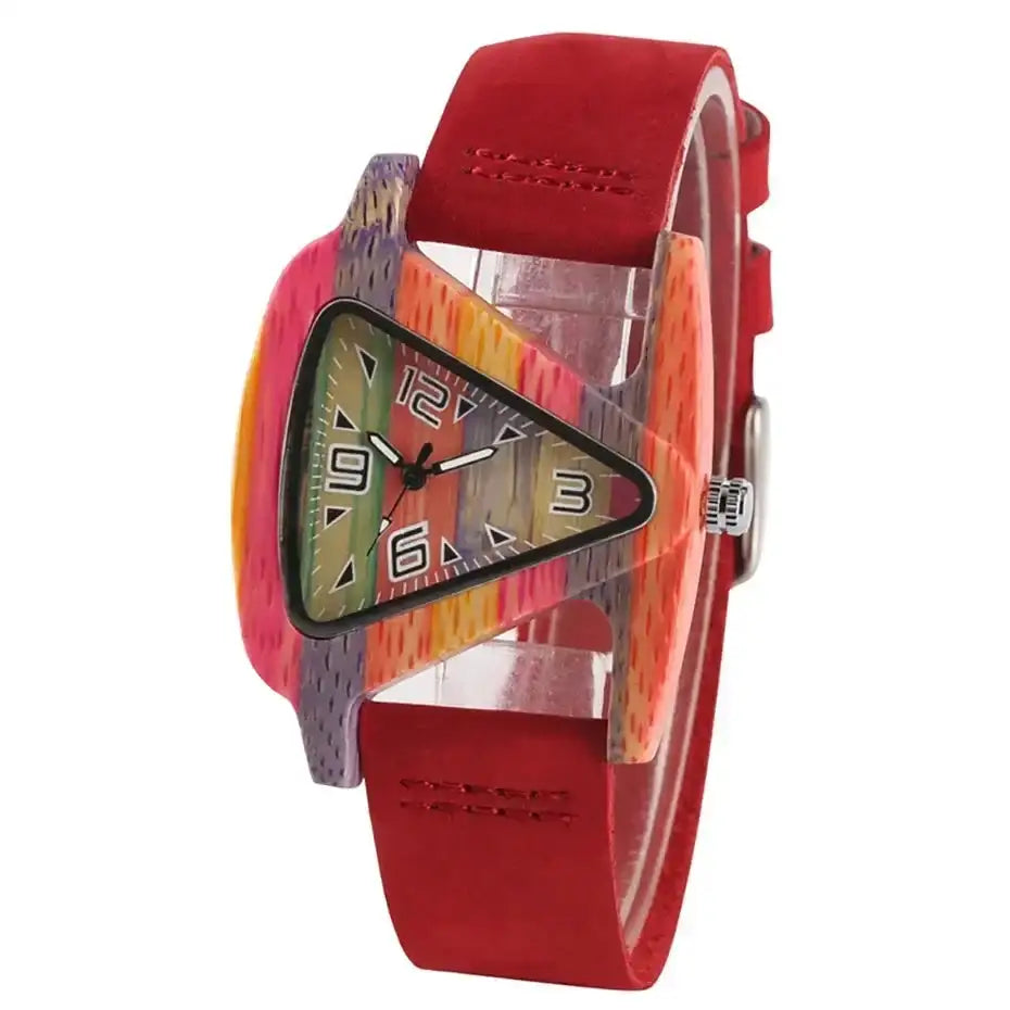 Unique Triangle Women's Wood Watch Creative Colorful Lady Green/ Red Genuine Leather Wristwatch Elegant Womens Watches Top Gifts - Lootquake