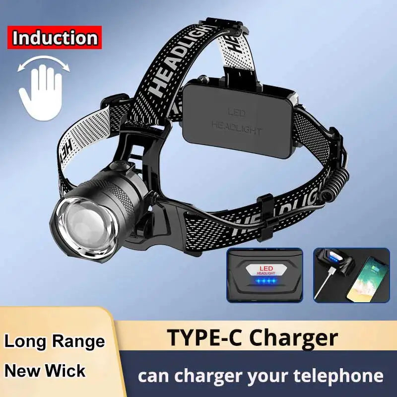 White Laser Fishing LED Headlamp Sensor XHP90 Headlight with 18650 Battery Flashlight USB Rechargeable Head Lights Torch Lantern - Lootquake