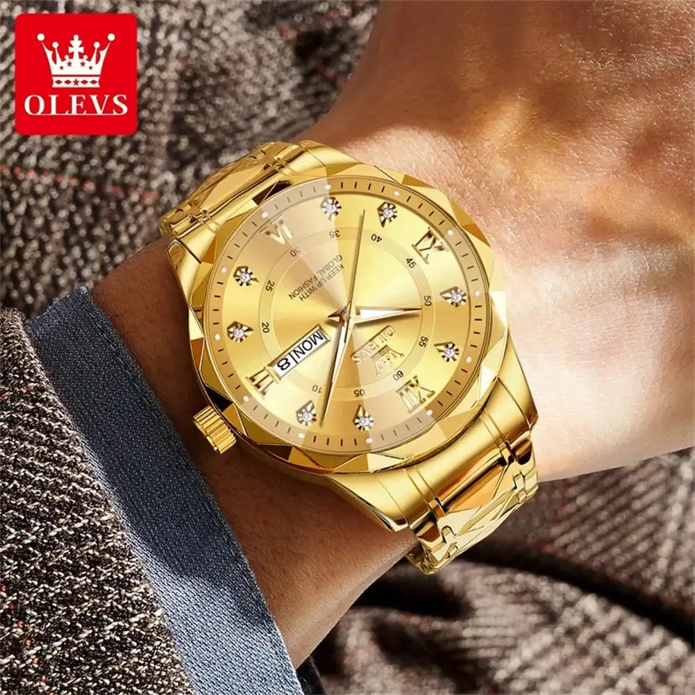 OLEVS Original Fashionable Men's Quartz Watch Top Luxury Brand Waterproof Stainless Steel Diamond Date Week Men's Business Watch - Lootquake