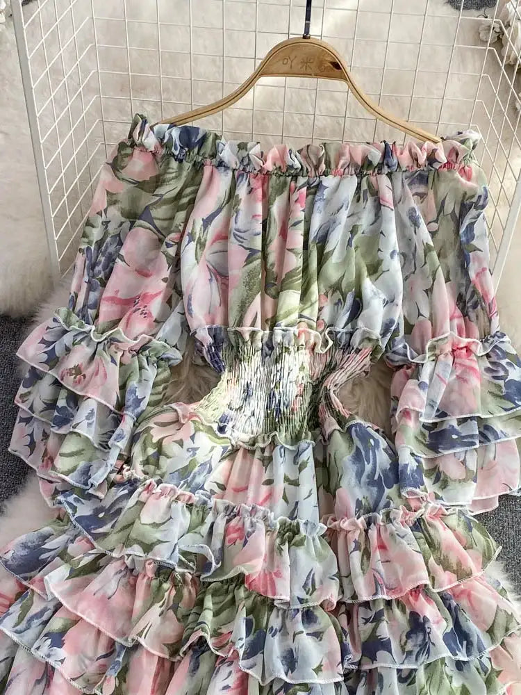 Summer New Off Shoulder Wrap Waist to Show Thin A-line Fragmented Cake Dress Women's Beach Vacation Chiffon Long Dress GD820 - Lootquake