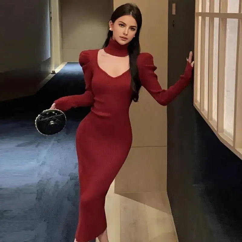 YuooMuoo Chic Fashion Elegant Knitted Long Dress with Neck Scarf 2024 Autumn Winter Ribbed Office Lady Bodycon Sweater Vestidos - Lootquake